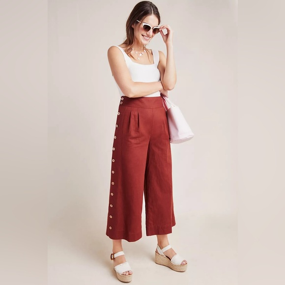Anthropologie Pants - Anthropologie Angie High Rise Linen Blend Cropped Side Button Wide Leg Pants NWT